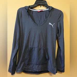 PUMA women's Large hoodie dark gray white stripes pullover sporty